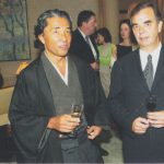 Bernd Chorengel discusses the architectural concepts of the Park Hyatt Paris-Vend&ocirc;me with the designer Kenzo during the opening party of the hotel in September 2002