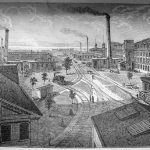 Factory yard at the Singer factory, Elizabethport, New Jersey, ca. 1880